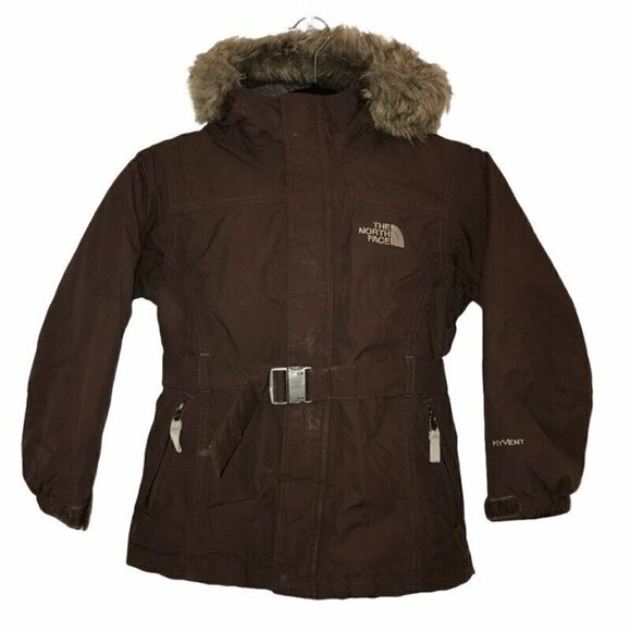 North Face Hyvent Girls Down Jacket Brown Faux Fur Trim Hooded Belt Zip Small